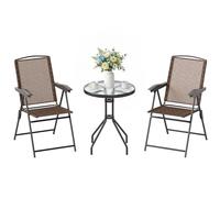 Outsunny Ensemble de Jardin 3 Pcs 2 Chaises Inclinables Table Ronde Marron | Multi-Positions, Pliables, Verre Trempé, Métal Textilène, pour Balcon