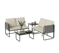 Outsunny Ensemble de jardin extérieur 4 pièces avec 2 canapés 2 places 2 tables en verre coussins housses amovibles et poches kaki