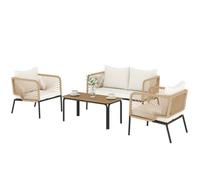 Outsunny Ensemble de jardin pour 4 personnes, salon de jardin avec canapé 2 places, 2 fauteuils, table à lames, tressage corde, coussins lavables
