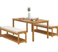 Outsunny Ensemble de meubles de jardin 3 pièces en bois d'acacia, y compris 1 table de salle à manger avec trou pour parasol, 2 bancs, ensemble de meubles de balcon