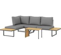Outsunny Ensemble de meubles de jardin en bois d'acacia pour 6 personnes en forme de L Salon de jardin avec banc d'angle Salon d'extérieur pour jardin terrasse balcon gris clair