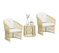 Outsunny Ensemble de meubles de jardin en polyrotin avec coussins pour 2 personnes, 3 pièces, résistant aux intempéries, avec 2 chaises, table ronde en verre pour jardin, terrasse, balcon, blanc crème