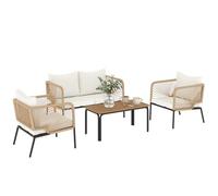 Outsunny Ensemble de meubles de jardin en rotin pour 4 personnes, salon de jardin avec canapé 2 places, 2 fauteuils, table à lamelles, table en corde, lavable, coussin d'assise aspect bois, meubles