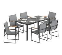 Outsunny Ensemble de Salle à Manger d'Extérieur 7 Pièces 6 Personnes Gris | Salon de Jardin Extérieur, Table en Verre, Chaises avec Accoudoirs Décoratifs, Mobilier de Jardin Acier, Terrasse et Jardin