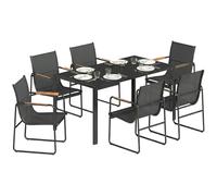 Outsunny Ensemble de Salle à Manger d'Extérieur 7 Pièces pour 6 Personnes, Table en Verre et Chaises avec Accoudoirs Décoratifs, Mobilier de Jardin en Acier pour Terrasse et Jardin, Noir