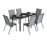 Outsunny Ensemble de table et chaises de jardin 7 pièces avec table métallique effet bois avec trou, 6 chaises empilables respirantes, cadre en acier résistant, gris mixte