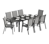 Outsunny Ensemble de Table et chaises de Jardin, 9 pièces, Ensemble de Salle à Manger d'extérieur avec Table en Verre trempé, 8 chaises empilables en textiline, Ensemble de mobilier de Jardin pour