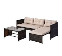 Outsunny Ensemble Salon de Jardin 2 pièces de 4 canapés d'angle + Table Basse avec Plateau en Verre trempé + 5 Coussins tressés en résine Marron