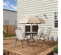Outsunny Ensemble salon de jardin 4 chaises pliables table ronde verre trempé et paraol tissu polyester cadre acier Ø 80 x 69 5 cm beige