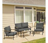 Ensemble salon de jardin design style colonial 4 places 4 pièces accoudoirs plateau aspect bois acier noir polyester gris Noir G