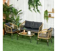 Outsunny Ensemble Salon de Jardin 4 pièces canapé 2 Places + 2 fauteuils + 1 Table Basse avec 7 Coussins - métal et résine Imitation rotin - Sable et Gris foncé