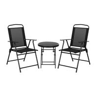 Outsunny Ensemble Bistro de Jardin 3 pièces Salon de Jardin 2 chaises Pliables avec accoudoirs + Table Basse Ronde Verre trempé Pliable métal époxy Toile en Maille Haute densité