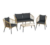 Outsunny Ensemble Salon de Jardin 4 pièces canapé 2 Places + 2 fauteuils + 1 Table Basse avec 7 Coussins - métal et résine Imitation rotin - Sable et Gris foncé