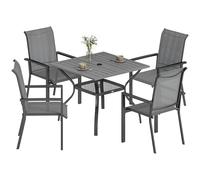 Outsunny Ensemble Table et chaises de Jardin 5 pièces, Ensemble de Salle à Manger avec Table, Trou pour Parasol, 4 chaises empilables en textiline, Structure en Acier, Ensemble de Meubles de Jardin