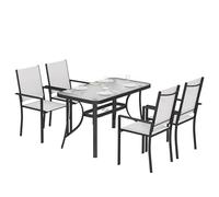 Outsunny Ensemble table et chaises de jardin 5 pièces, ensemble repas d'extérieur avec 4 chaises empilables Texteline, table en verre trempé, trou pour parasol, structure en acier pour terrasse ou