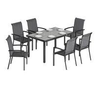 Outsunny Ensemble table et chaises de jardin 7 pièces, ensemble de salle à manger d'extérieur avec table à plateau amovible, 6 chaises empilables en texteline respirante, ensemble de meubles de