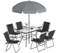 Outsunny Ensemble Table et chaises de Jardin 8 pièces avec Parasol, Ensemble de Salle à Manger d'extérieur avec 6 chaises Pliantes en textiline, Table en Verre trempé, Structure en Acier pour