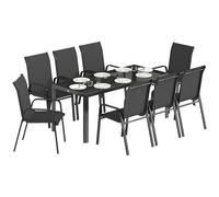 Outsunny Ensemble Table et chaises de Jardin 9 pièces, Ensemble de Salle à Manger d'extérieur avec Table en Verre trempé, 8 chaises empilables en textiline, Ensemble de mobilier de Jardin pour