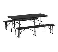 Outsunny Ensemble Table Pliante et bancs de Pique-Nique 180 cm Noir | Table Camping Pliante avec Chaises, Portable avec Poignées de Transport, Design Effet Rotin