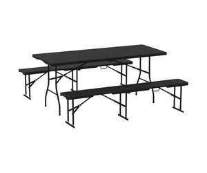 Outsunny Ensemble Table Pliante et bancs de Pique-Nique 180 cm Noir | Table Camping Pliante avec Chaises, Portable avec Poignées de Transport, Design Effet Rotin