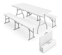 Outsunny Ensemble Table Pliante et bancs de Pique-Nique 180 cm, Table Camping Pliante avec chaises Portable avec poignées de Transport, Banc Pliable pour terrasse, Jardin, Barbecue, Blanc