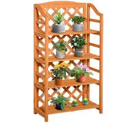 Outsunny Étagère à Fleurs Pliable, 4 étagères à Lattes réglables en Hauteur, Panneau arrière en Treillis, Bois Massif en Effet Bois Naturel