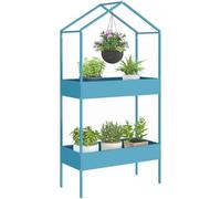 Outsunny Étagère à Plantes 2 Niveaux avec Crochet pour Balcon Bleu-Vert