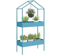 Outsunny Étagère à Plantes 2 Niveaux, Support de Plantes en Métal avec Crochet, Porte-Plante en Forme de Maison pour Jardin, Patio, Balcon, Salon, Bleu-Vert