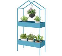 Outsunny Étagère à Plantes 2 Niveaux, Support de Plantes en Métal avec Crochet, Porte-Pots en Forme de Maison, Bleu-Vert