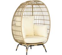 Outsunny Fauteuil en rotin en forme de panier, chaise en rotin avec coussin d'assise, fauteuil de jardin surélevé pour balcon, terrasse, métal, kaki, 105 x 90 x 148 cm