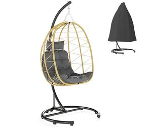 Outsunny Fauteuil suspendu 150 kg max avec panier pliant et coussins, fauteuil à bascule de jardin en acier et rotin PE, 102 x 102 x 195 cm, noir gris et beige