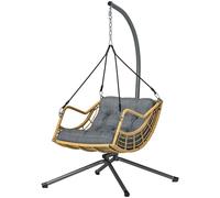 Outsunny Fauteuil suspendu en résine tressée avec support, chaise suspendue, coussin, attache de sécurité, hauteur réglable, gris