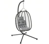 Outsunny Fauteuil suspendu pliable en résine tressée avec support, fauteuil oeuf suspendu, chaise hamac balançoire, coussin et oreiller, hauteur réglable, cadre en acier, intérieur et extérieur, gris