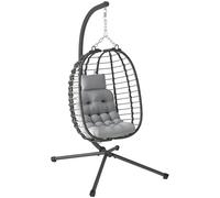 Fauteuil suspendu pliable en résine tressée avec support et épais coussin grand confort gris