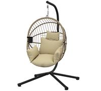 Outsunny Fauteuil Œuf Suspendu, Chaise Hamac Balançoire Intérieur et Extérieur, Panier Pliable, Coussin Rembourré, Kaki