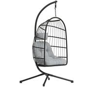 Outsunny Fauteuil Œuf Suspendu Pliable avec Support - Balançoire de Jardin avec Coussin 15cm et Appui-tête - Chaise Suspendue Intérieure et Extérieure, Nacelle Pliable Gain de Place, Noir et Gris