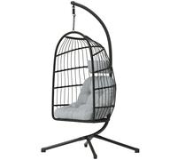 Outsunny Fauteuil Œuf Suspendu Pliable avec Support Coussin 15cm et Appui-tête Gain de Place Résine Tressée 101x105x196cm Gris