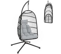 Outsunny Fauteuil Œuf Suspendu Pliable avec Support Coussin 15cm et Appui-tête Gain de Place Résine Tressée 101x105x196cm Gris noir