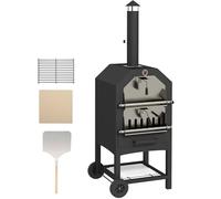 Outsunny Four à pizza d'extérieur 2 en 1 à 3 étages autoportant au charbon de bois avec housse de pluie, cheminée, thermomètre, étagère inférieure, poignées anti-brûlure, roues pour fête de jardin
