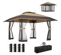 Outsunny Gazebo pliable 4x4 m Pop Up avec 4 moustiquaires latérales, gazebo de jardin à hauteur réglable avec double toit, sac de transport, sac de sable, UV30+, pour fêtes en extérieur, kaki marron