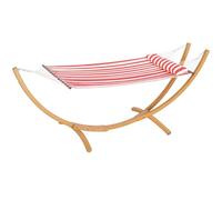 Hamac Sur Pied En Bois - 1 Place - Bois Teinte Teck Toile 100% Coton Rouge Blanc Rayée