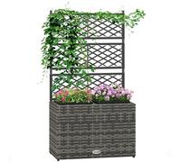 Outsunny Jardinière avec Grillage grimpant, Parterre de Fleurs surélevé avec 2 Pots intérieurs, Cadre en Acier et rotin PE, 57x30x107cm, Gris