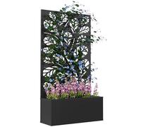 Outsunny Jardinière avec treillis à motif feuilles, bac à fleurs, lit surélevé, pour plantes grimpantes, légumes, fleurs, en métal, intérieur et extérieur, cour, jardin, balcon, 61 x 23 x 113 cm, noir