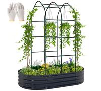 Outsunny Jardinière avec Treillis arqué, bac à Fleurs en métal, lit surélevé avec Brise-Vue, Fond Ouvert, Gants Inclus, pour Plantes grimpantes, légumes, Fleurs, 160x90x180cm, Gris foncé