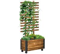 Outsunny Jardinière avec treillis et roulettes – Métal, sapin traité (carbonisation)
