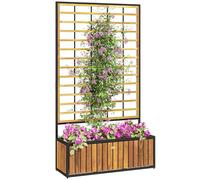 Outsunny Jardinière avec Treillis, lit surélevé de Jardin, jardinière extérieure avec Trous de Drainage, bac à Fleurs en Bois d'acacia et Acier pour Balcon Patio, 74 x 27 x 131 cm, Teck