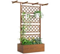 Outsunny Jardinière Surélevée avec Treillis et Barres de Toit, bac à Fleurs, lit surélevé Trous de Drainage, Tissu Non tissé, pour Plantes grimpantes, légumes, extérieur, Bois Massif, Marron