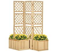 Outsunny lit surélevé avec Treillis Pliant écran 133x165cm Bois de Sapin | Séparateur de pièce avec écran de confidentialité, 4 bacs à fleurs, naturel, pour balcon.