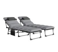 Outsunny Lot de 2 Bain de Soleil avec Matelas 9cm - Chaise Longue Jardin 200cm Pliable Dossier Réglable 5 Positions, Appui-tête et Poche Latérale - Transat de Jardin pour Terrasse Plage Camping, Gris