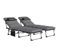 Outsunny Lot de 2 Bain de Soleil avec Matelas 9cm - Chaise Longue Jardin 200cm Pliable Dossier Réglable 5 Positions, Appui-tête et Poche Latérale - Transat de Jardin pour Terrasse Plage, Gris Foncé